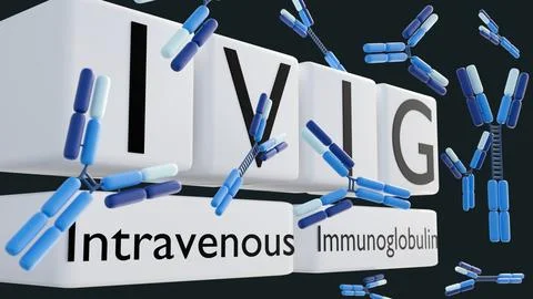 A word  "IVIG" on the white cubes with floating antibody molecules Stock Illustration