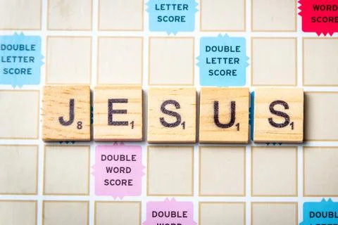 Word JESUS  in scrabble letters Stock Photos