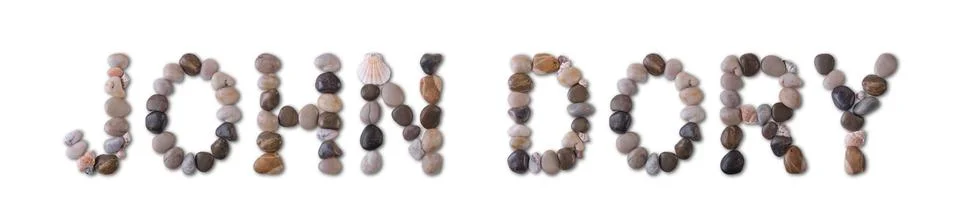 The word "JOHN DORY" is lined with shells and stones of different shapes and  Stock Photos