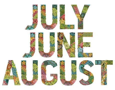 Word JULY, JUNE, AUGUST. Vector decorative zentangle object Stock Illustration