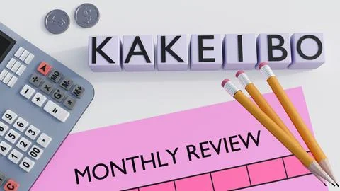 The word "KAKEIBO", utensils, document with "MONTHLY REVIEW", and coins Stock Illustration