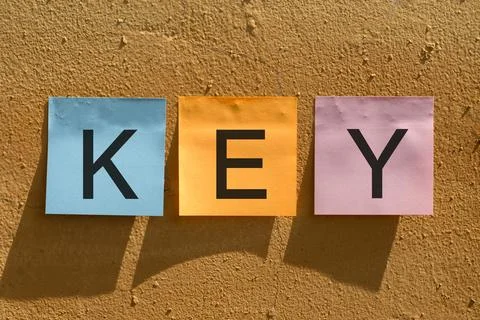 The word KEY is written on the sticky notes on the wall. Stock Photos