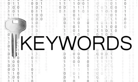 Word Keywords, key and binary code on white background. SEO direction Stock Photos