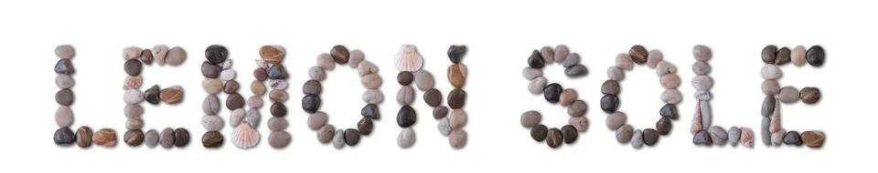 The word "LEMON SOLE" is lined with shells and stones of different shapes and Fotos Stock