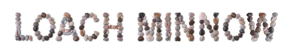 The word "LOACH MINNOW" is lined with shells and stones of different shapes a Stock Photos