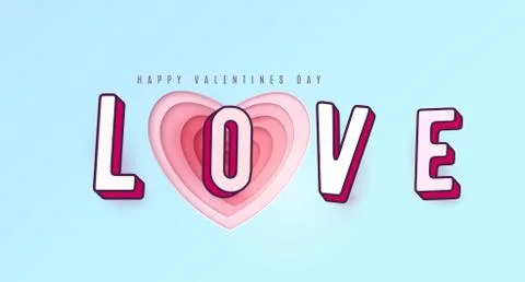 Word Love with 3d effect letters. Heart paper cut multi red pink color layers 스톡 일러스트