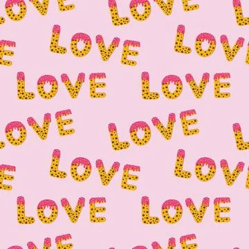 The word Love is lined with letters in the form of cookies on a pink backgrou Stock Illustration