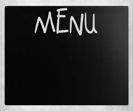 The word "menu" handwritten with white chalk on a blackboard Stock Illustration