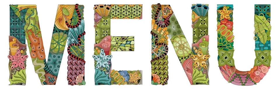 Word MENU. Vector decorative zentangle object for decoration Stock Illustration