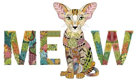Word MEOW with a drawing of a cat. Vector zentangle object for decoration Illustrazione stock