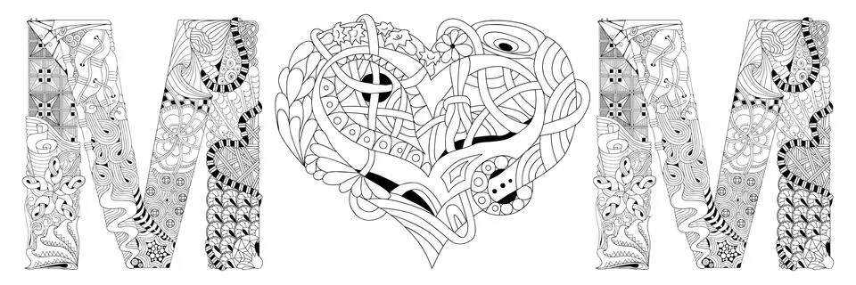 Word mom with shape of heart. Vector decorative zentangle object for coloring Ilustración de archivo