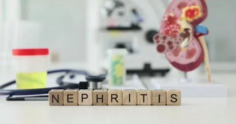 Word Nephritis against urine sample and human kidney Stock Footage 275603649