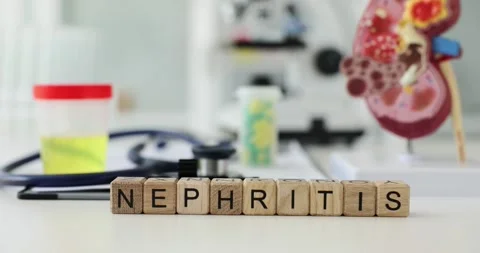 Word Nephritis on clinic table with plastic model of kidney Stock Footage 246313003