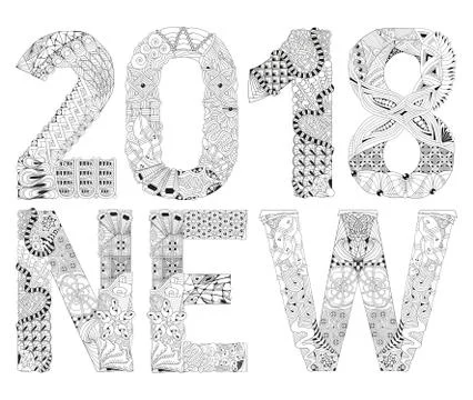 Word NEW 2018 for coloring. Vector decorative zentangle object Stock Illustration
