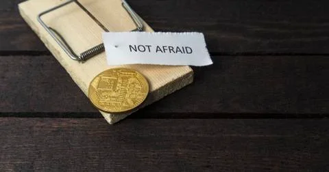 The word: Not afraid pinned on mouse trap with backside of bitcoin. Stock Photos