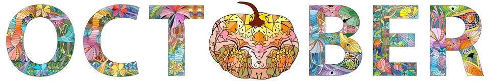Word OCTOBER. Vector decorative zentangle object for any purpose Stockillustratie