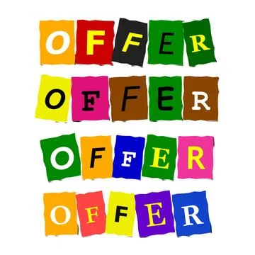 Word offer displayed in multiple colorful. Stock Illustration