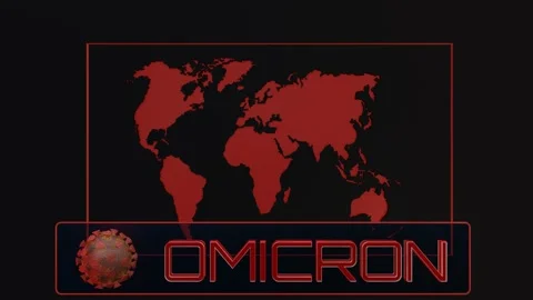 The word omicron with a rotating coronavirus pattern on a flashing red world map Stock Footage 166391713