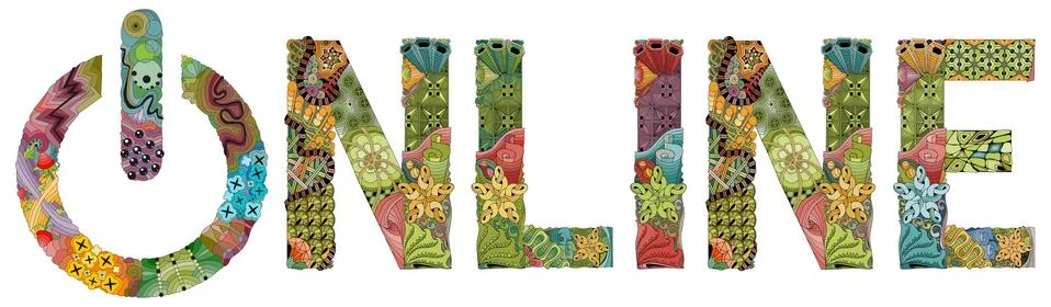 Word ONLINE with power button. Vector zentangle object for decoration Stock Illustration
