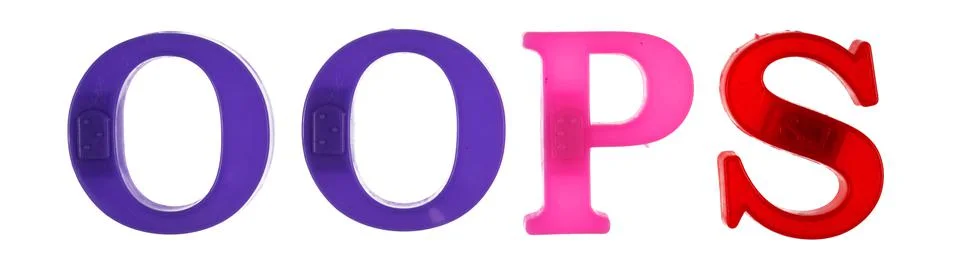 The word oops is lined with multicolored plastic letters isolated Stock Photos