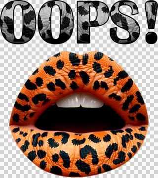 The word oops made of leopard texture on female mouth closeup. Orange Sexy Lip Stock Illustration