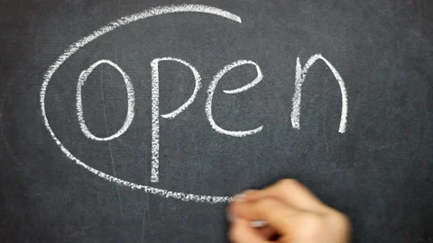 Word open closeup , written chalk on the chalkboard. Stroke along the contour Stock Footage 124316652