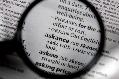 The word or phrase askance in a dictionary. Stock Photos