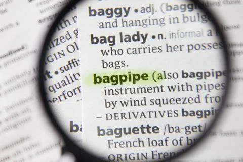 The word or phrase bagpipe in a dictionary. Stock Photos