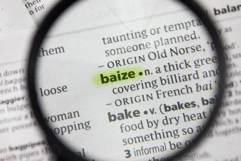 The word or phrase baize in a dictionary. Stock Photos