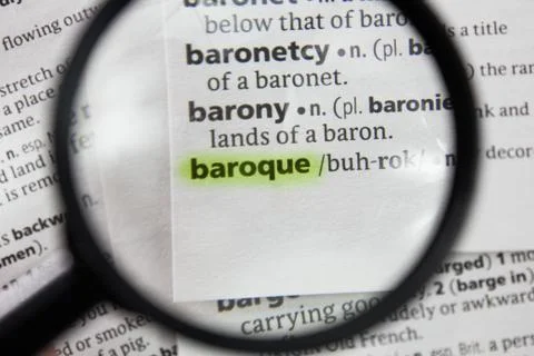 The word or phrase baroque in a dictionary. Stock Photos