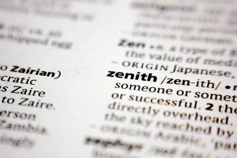 Word or phrase zenith in a dictionary. Stock Photos