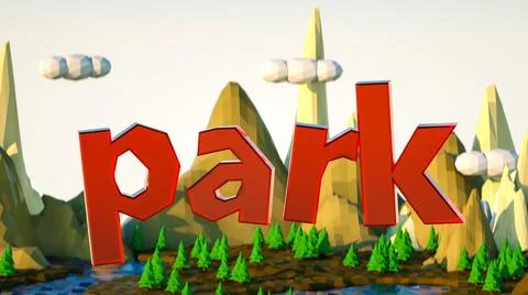 The word park is written on a low poly landscape background. 3d render illust Stock Illustration