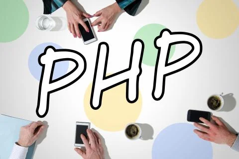 Word php with hands using smartphones Foto stock