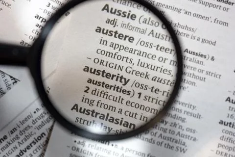 The word of phrase - austerity - in a dictionary. Stock Photos