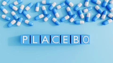 The word "PLACEBO" on cubic blocks, surrounded by pharmaceutical capsules. Ilustração Stock