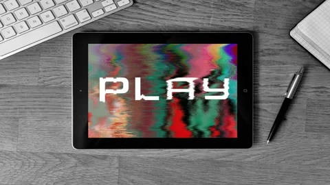 Word PLAY on a tablet computer screen, retro tv waves style Stock Footage 119294728