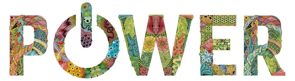 Word POWER with power button. Vector zentangle object for decoration Ilustración de archivo