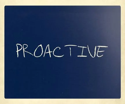 The word Proactive handwritten with white chalk on a blackboard The word P... Stock Photos