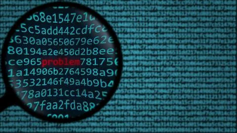 Word PROBLEM being found among computer symbols with a magnifying glass. Search Stock Illustration