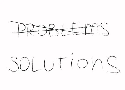 The word problem is crossed out and the word solution is written in black Stock Illustration