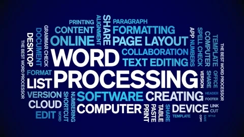 Word Processing animated word cloud,animation kinetic typography seamless loop. Stock Footage 325646406