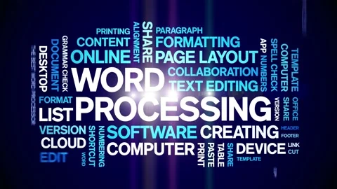 Word Processing animated word cloud,animation kinetic typography seamless loop. Stock Footage 325646696
