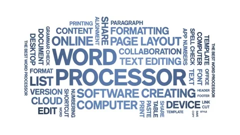 Word Processor animated word cloud,animation kinetic typography seamless loop. Stock Footage 325767781