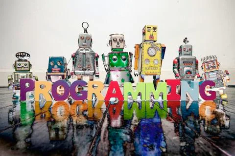 The word   PROGRAMMINGwith vintage SOLARIZED Stock Photos