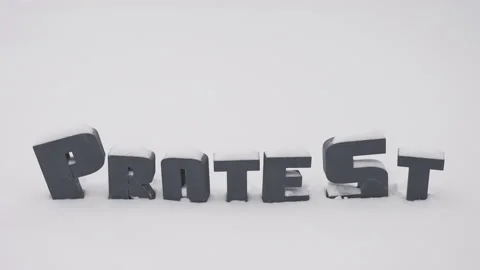 Word Protest on the snow, big gray letters, snowy weather Stock Footage 153114435