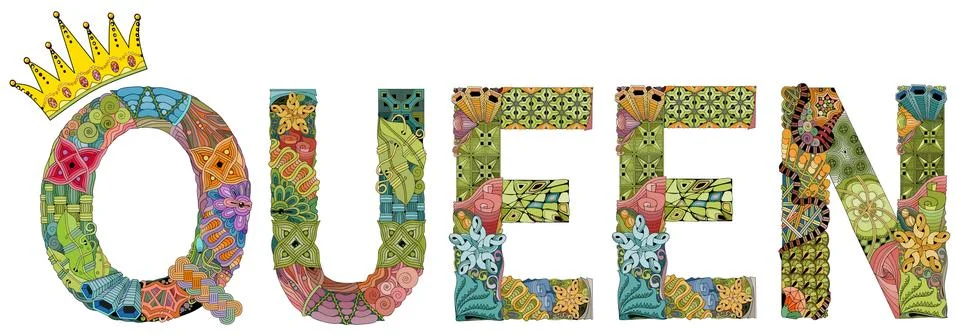 Word QUEEN with crown. Vector zentangle object for decoration Ilustração Stock