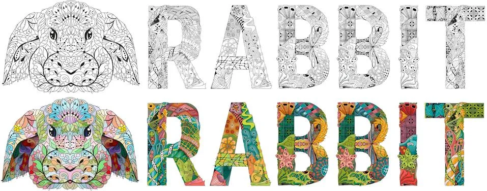 Word rabbit. Vector zentangle object for decoration. Color and outline set Stock Illustration