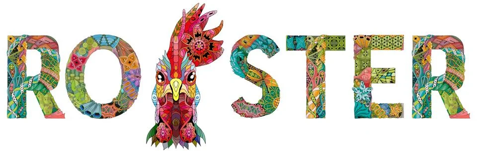Word rooster with bird head. Vector zentangle object for decoration Stock Illustration