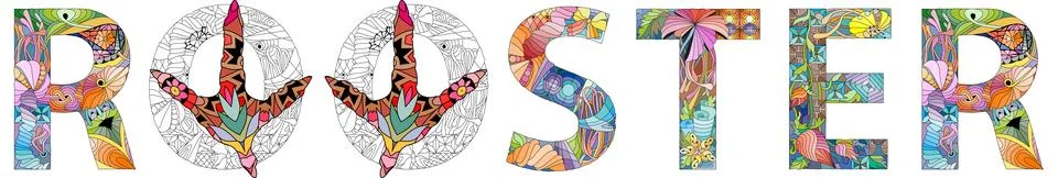 Word rooster. Vector zentangle object for decoration Stock Illustration