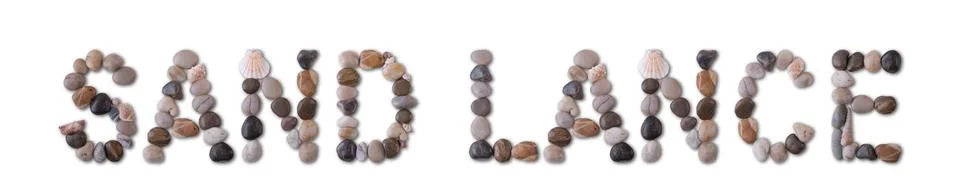 The word "SAND LANCE" is lined with shells and stones of different shapes and 写真素材